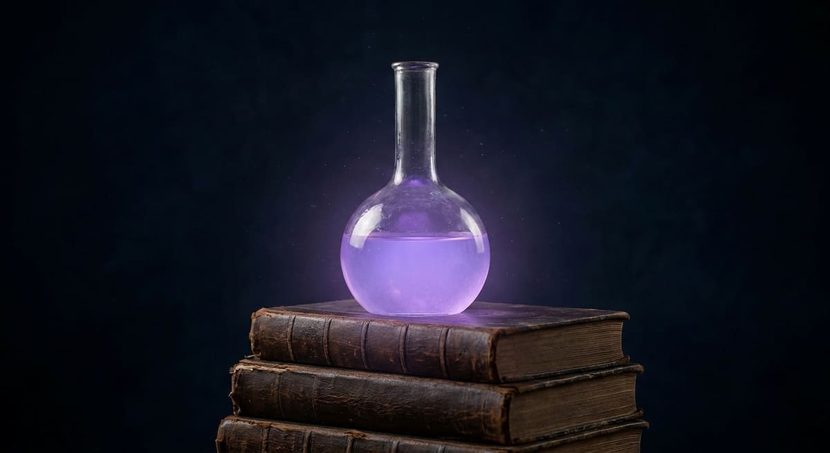 Колба с фиолетовым составом на старинных книгах